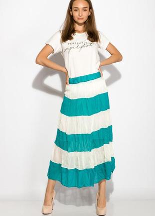 Летняя женская юбка макси на резинке с воланами двухцветный шифон бирюзово-молочный 42-44.2 фото