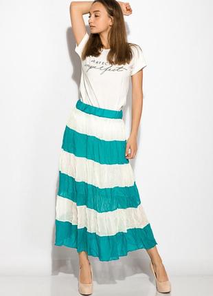 Летняя женская юбка макси на резинке с воланами двухцветный шифон бирюзово-молочный 42-44.1 фото