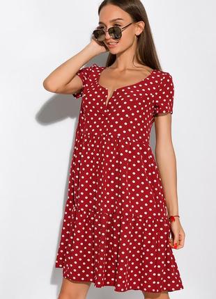 Платье женское летнее в горошек с воланами софт красно-кирпичный  42-44 (s-m)..