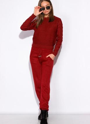 Костюм жіночий теплий в'язаний з вовни светр та штани бордовий s-l2 фото