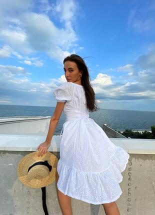 Женское белое короткое платье хлопковое шитье4 фото