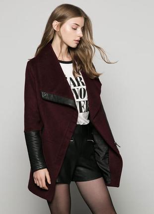Шерстяное куртка короткое пальто косуха  с кожаными  вставками на рукавах bershka8 фото
