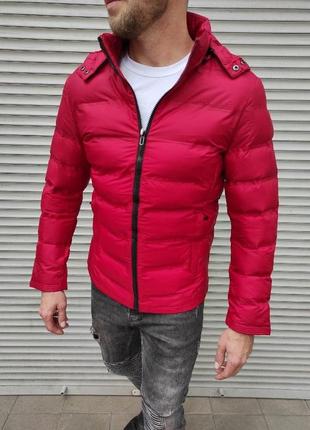 Чоловіча куртка утеплена червона знімний капюшон5 фото