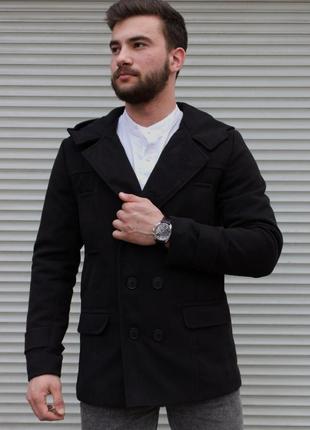 Мужское пальто двубортное с капюшоном чёрное из кашемира