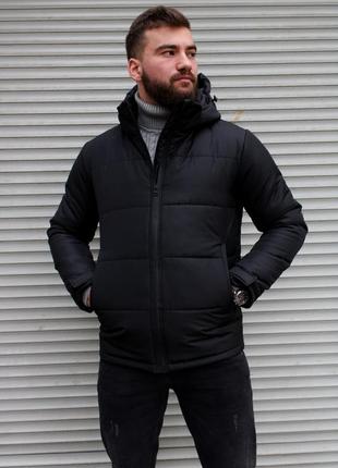 Чёрная мужская дутая куртка зимняя на синтепоне съемный капюшон5 фото