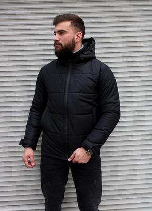 Чёрная мужская дутая куртка зимняя на синтепоне съемный капюшон2 фото