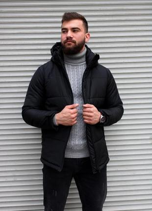 Чёрная мужская дутая куртка зимняя на синтепоне съемный капюшон4 фото