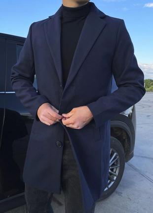 Мужское кашемировое темно-синее пальто классическое однобортное | искусственный кашемир