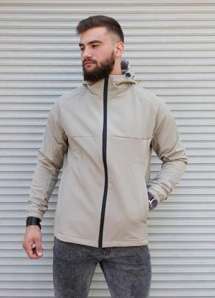 Бежева чоловіча утеплена куртка з капюшоном  ⁇  softshell + фліс