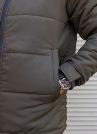 Мужская дутая куртка зимняя на синтепоне , цвета хаки - съемный капюшон6 фото