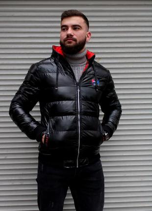 Зимняя двусторонняя мужская куртка? 100% полиэстер + холлофайбер?? черный/красный6 фото