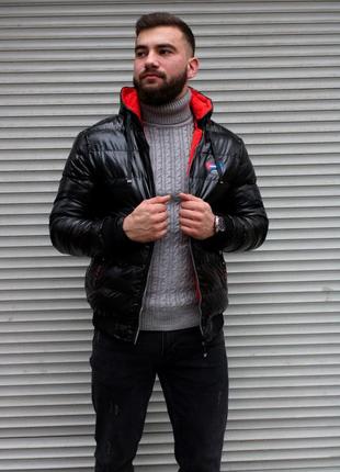 Зимняя двусторонняя мужская куртка? 100% полиэстер + холлофайбер?? черный/красный4 фото
