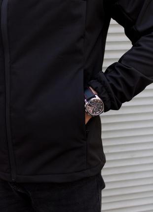 Чёрная мужская утеплённая куртка с капюшоном softshell + флис5 фото