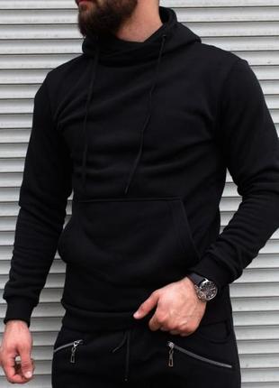 Черное утепленное мужское худи на флисе | 80% хлопок, 15% полиэстер, 5% эластан