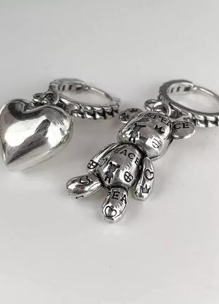 Серьги мишка сердце серебро 935 покрытие сережки колечки с подвесками5 фото