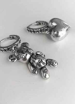 Серьги мишка сердце серебро 935 покрытие сережки колечки с подвесками4 фото