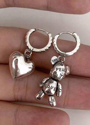 Сережки ведмедик серце срібло 935 покриття сережки кільця з підвісками