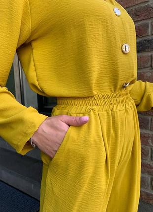 Женский летний костюм цвет горчица брюки + рубашка креп жатка 42/44, 46/48 😍4 фото