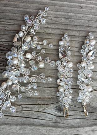 Набір весільний гребінь і сережки з перлами1 фото