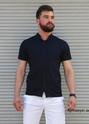 Тёмно-синяя рубашка с коротким рукавом и воротником стойка | 100% хлопок