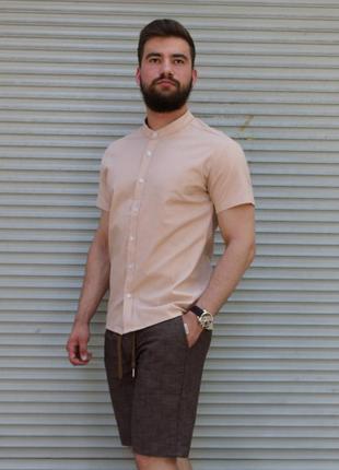 Лляна сорочка з коротким рукавом бежевого кольору  ⁇  100% льон2 фото