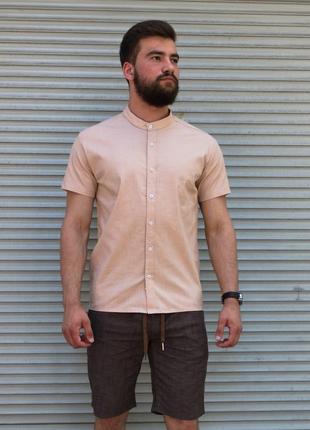 Лляна сорочка з коротким рукавом бежевого кольору  ⁇  100% льон1 фото