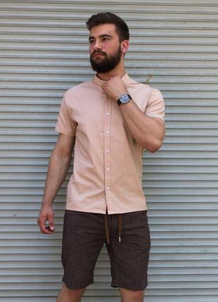 Лляна сорочка з коротким рукавом бежевого кольору  ⁇  100% льон4 фото