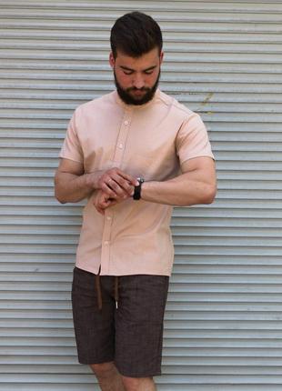 Лляна сорочка з коротким рукавом бежевого кольору  ⁇  100% льон5 фото