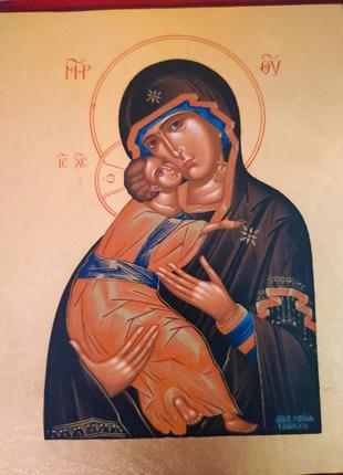 Володимирська ікона божої матері 15 х 19 см ручний розпис з нанесенням золота3 фото
