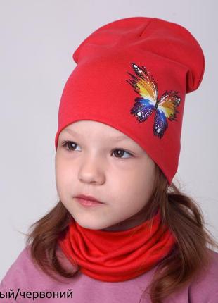 Комплект дитячий р. 52-54 девчоке шапка біні лопата хомут снуд бавовна демисезон 7 кольорів7 фото