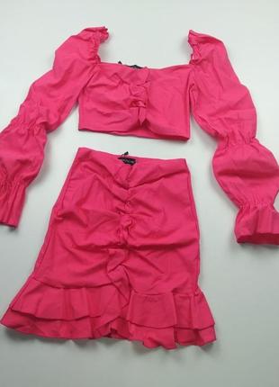 Костюм летний prettylittlething юбка+топ трендовый s розовый фуксия9 фото