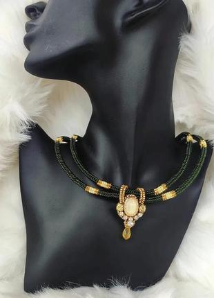 Кулон кольє агат кристал стрази вигівка шкіра чокер