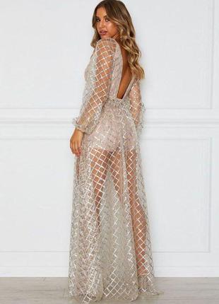Шикарное вечернее длинное платье сеточка  вышивка в пайетки боди с шортами4 фото