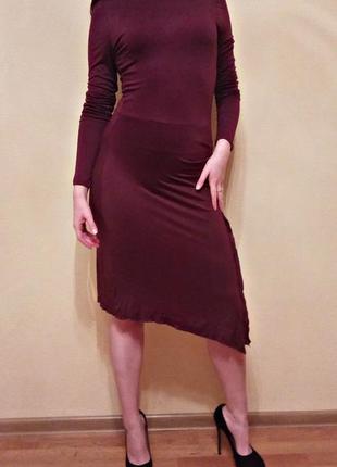 Классное асимметричная платье цвета марсала2 фото