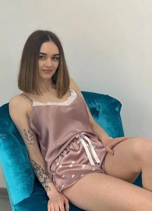 Женская атласная пижама пижамка шёлк армани атласный комплект майка шорты шовкова піжама жіноча піжама