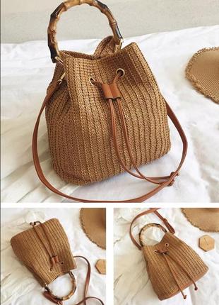 Стильна плетена сумочка-мішечок з бамбуковою ручкою 20227 фото