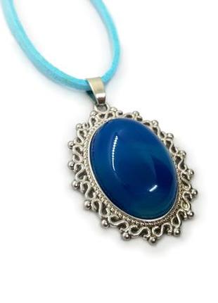 💙🐬 кулон у стилі вінтаж на блакитному шнурку натуральний камінь агат синій