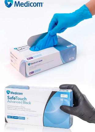 Нітрилові рукавички medicom 100 шт/уп. s, m, l чорні, сині -рукавички нітрилові safetouch advanced2 фото
