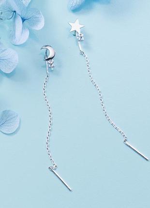 Сережки-протяжки срібні зірка+місяць в стилі мінімалізм, довгі сережки 65 мм, срібло 925 проби2 фото