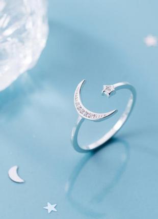 Кольцо серебряное звезда+месяц с камнями, колечко регулируемый размер 15-17,5, серебро 925 пробы1 фото