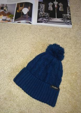 Шапка синяя теплая вязаная