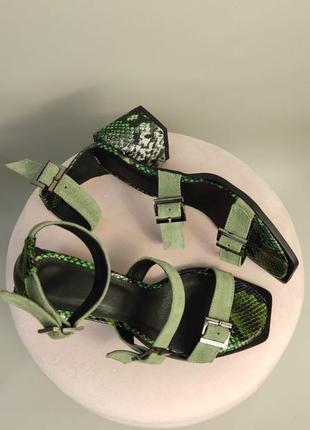 Эксклюзивные босоножки ремешки из натуральной итальянской кожи и замша зелёные оливкат7 фото