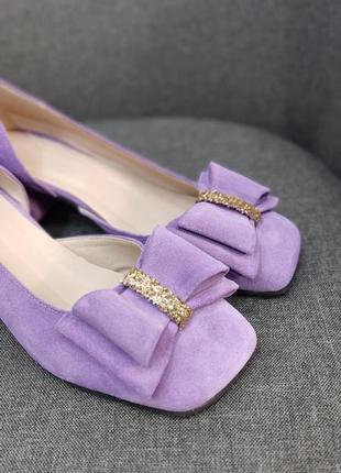 Эксклюзивные туфли из натуральной итальянской замши лиловые с бантиком3 фото