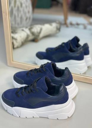 Эксклюзивные кроссовки из натуральной итальянской кожи и замши синие5 фото