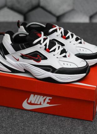 Мужские кожаные кроссовки nike m2k tekno (белые с черно/красным) #найк