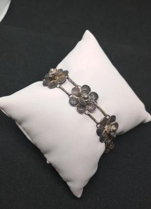Старинный серебряный браслет, филигрань, в патине. длина 18см, ширина цветка 1.8см.13503 фото