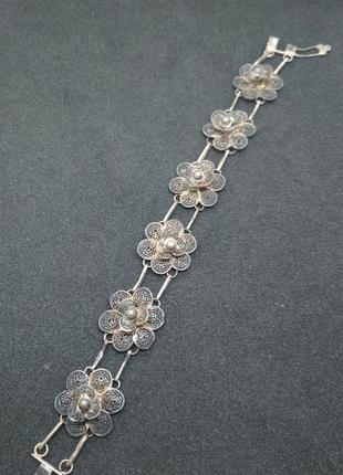 Старинный серебряный браслет, филигрань, в патине. длина 18см, ширина цветка 1.8см.13506 фото