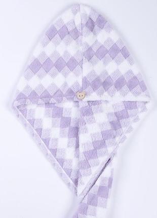 Женское полотенце-чалма для сушки волос в клетку на деревянной пуговке5 фото