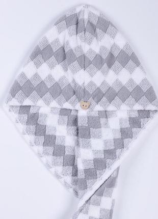 Женское полотенце-чалма для сушки волос в клетку на деревянной пуговке6 фото