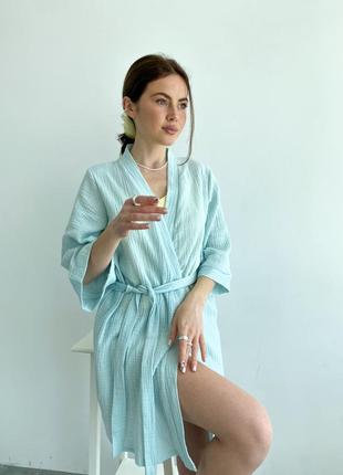 Женский красивый и нежный комплект из муслина халат и пижама. набор халат и пижамка муслин8 фото